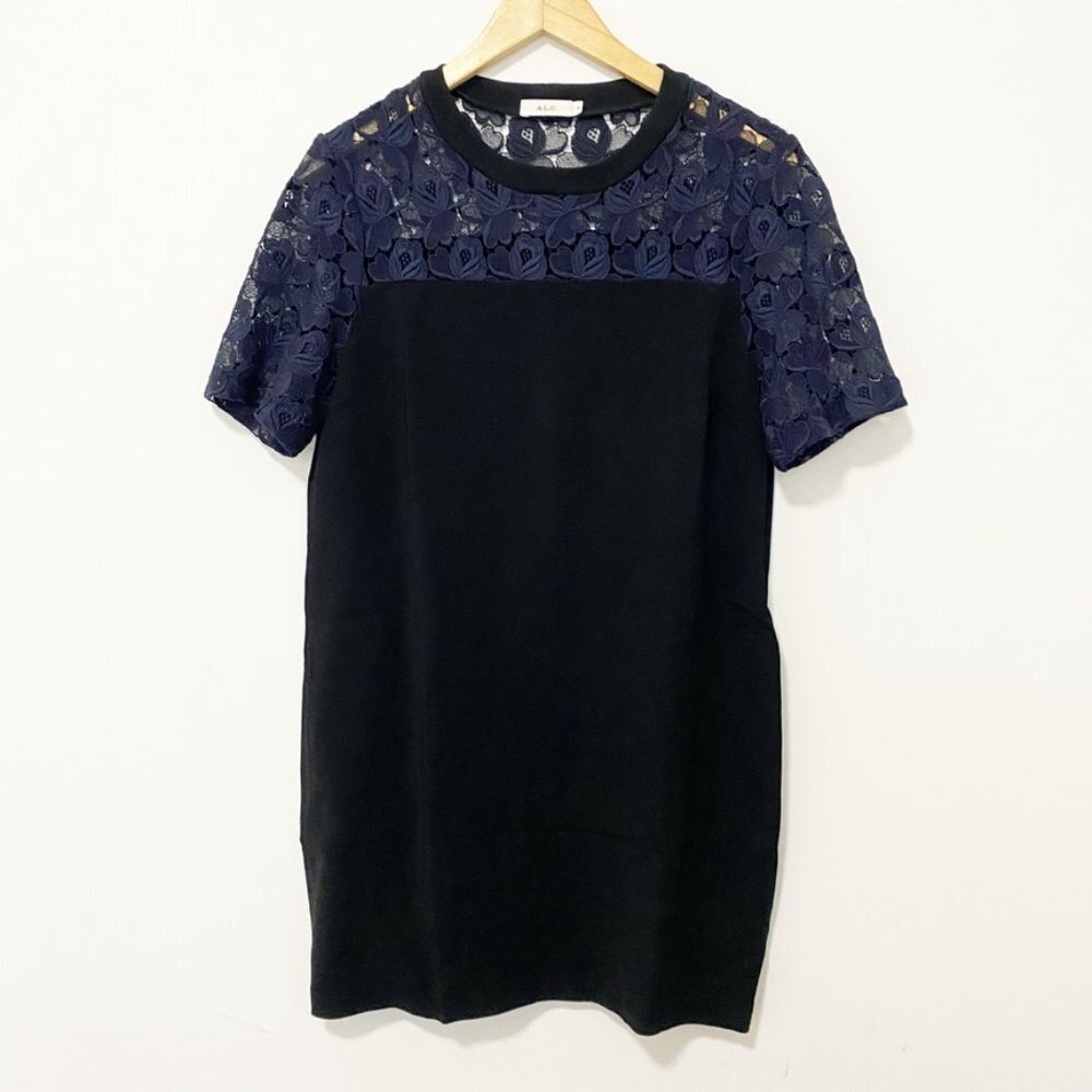 A.L.C. Black & Blue Floral Lace Short Sleeve T Shirt Dress Size 10